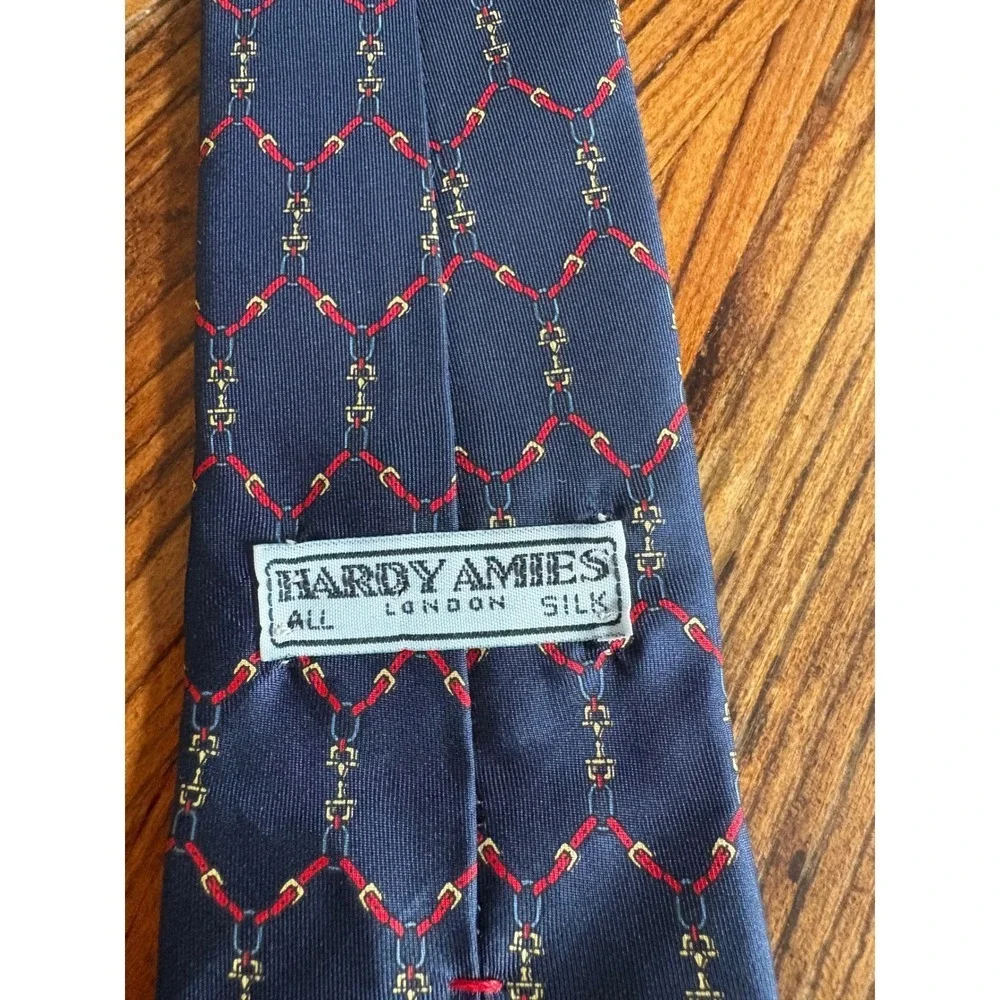 Hardy Amies London Silk Necktie Mens Blue Red Chain Equestrian Pattern - Picture 2 of 2